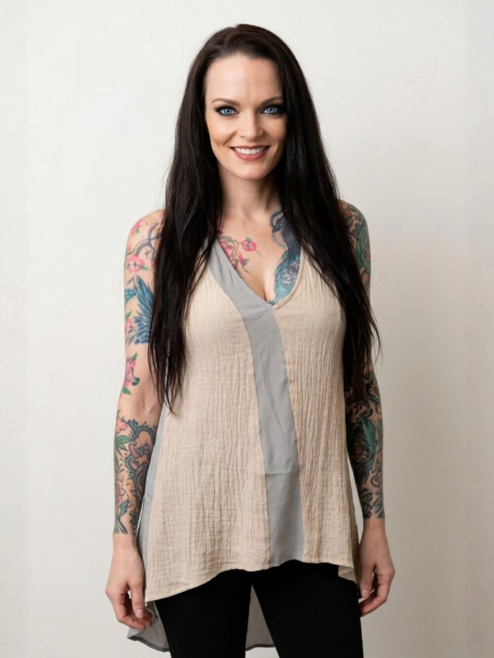 The Odells ✦ Linen Silk Hi-Lo Tank ✦ Mineral Beige Gray Sleeveless Lightweight